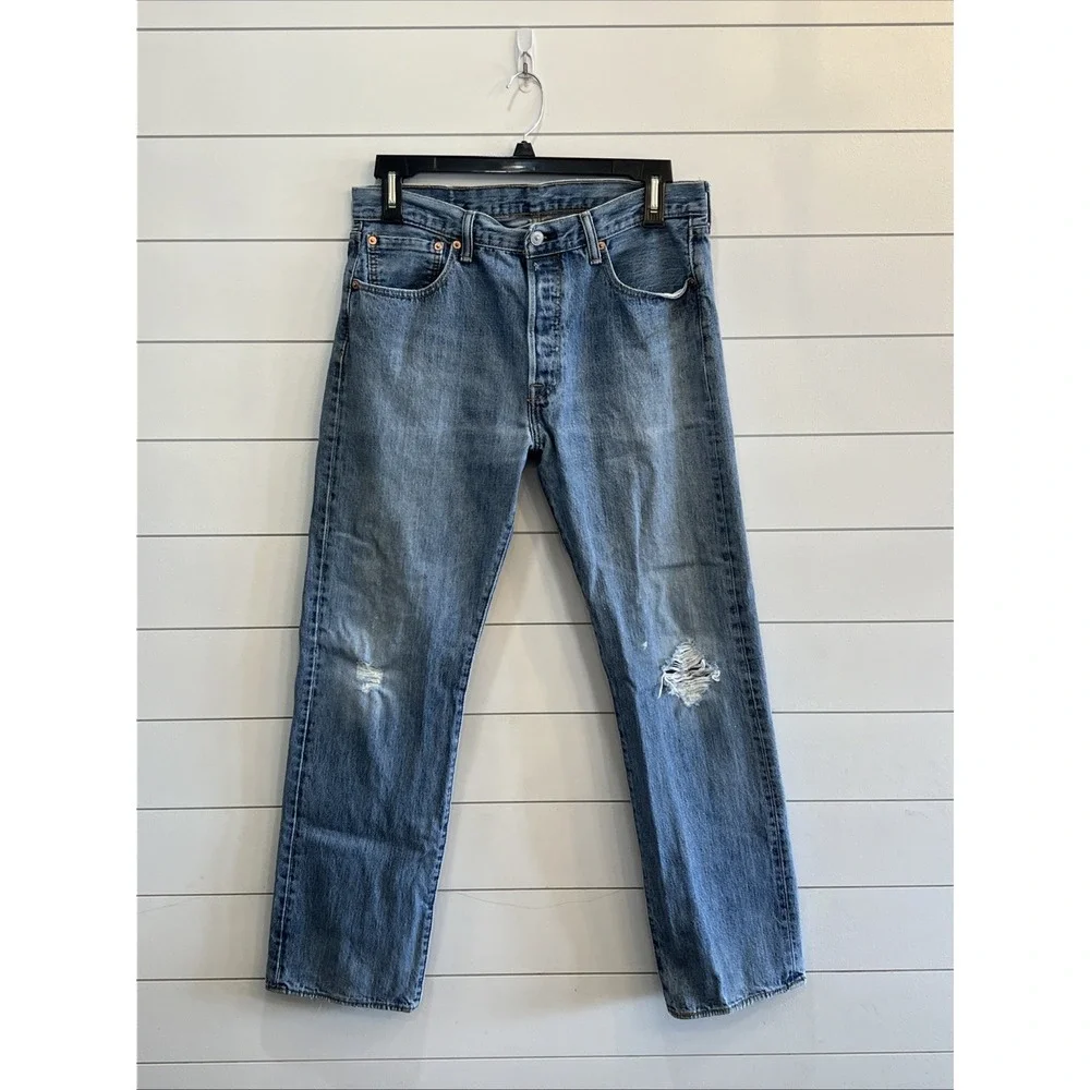 Levis 501 Jeans Mens 34x32 (Act 34x30.5) Blue Button Fly Distressed Straight Cut